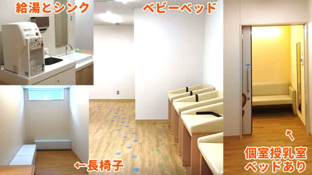 道の駅たのうらら2階「授乳室」ベビーベッド、おむつ交換台、個室3部屋の様子と広さの説明画像。