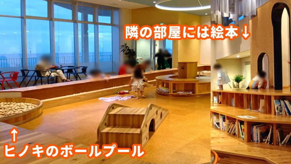 道の駅たのうらら2階にある広いキッズコーナー。滑り台とヒノキのボールプール。絵本のコーナーで遊ぶ子供達の画像。