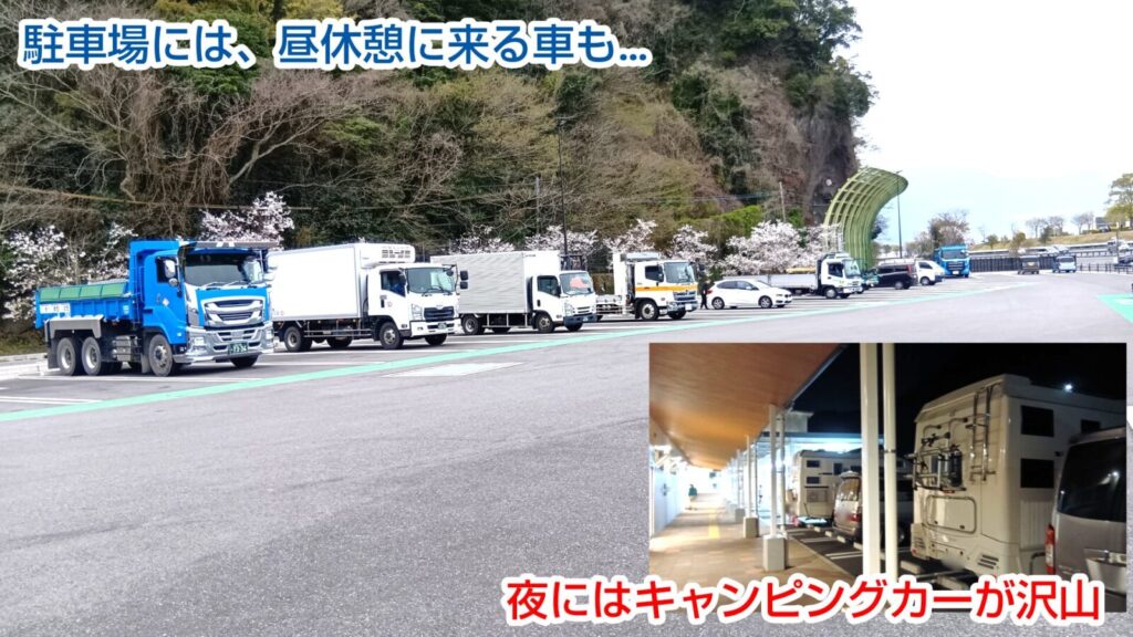道の駅たのうらら「駐車場」大型車29台、小型車236台、身体障害者、妊婦用、自転車、二輪駐車場スペース。夜にはキャンピングカーが車中泊。