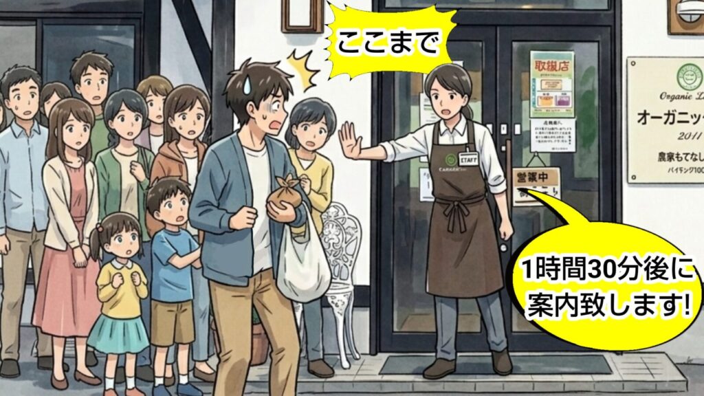木の花ガルテン開店前の行列の途中で、店員さんが手で遮り、「ここまでです。後のお客さんは、1時間30分後のご案内となります!」残りの客は愕然としている様子のイラスト