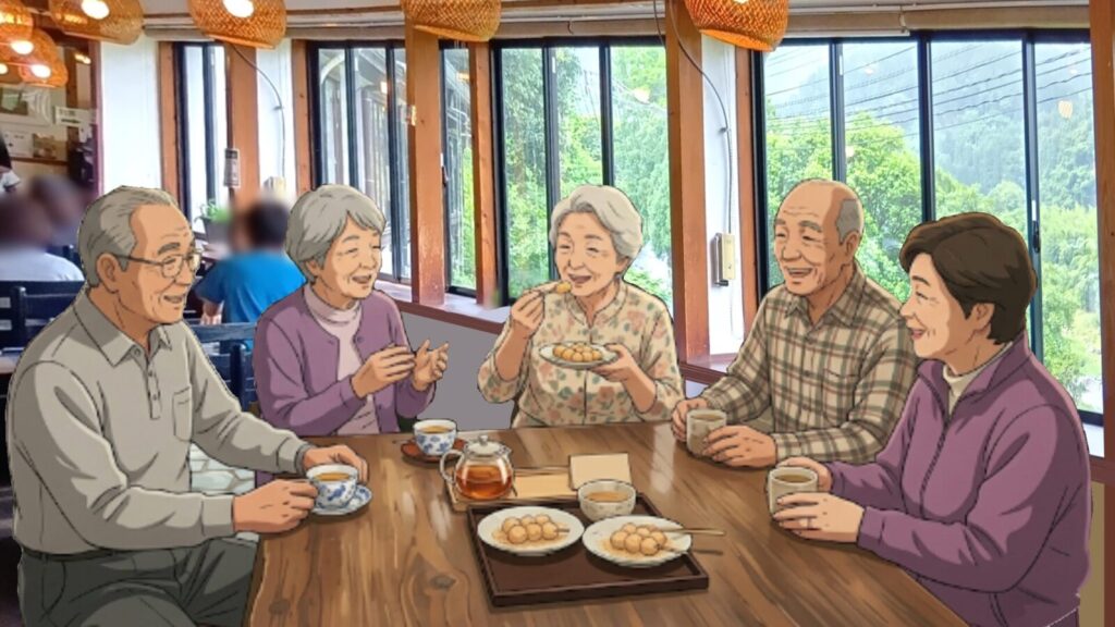 木の花ガルテン大山本店のオーガニックバイキングを食べ終えて、コーヒー、デザートでゆっくり過ごす老人達。カフェの様な雰囲気に。