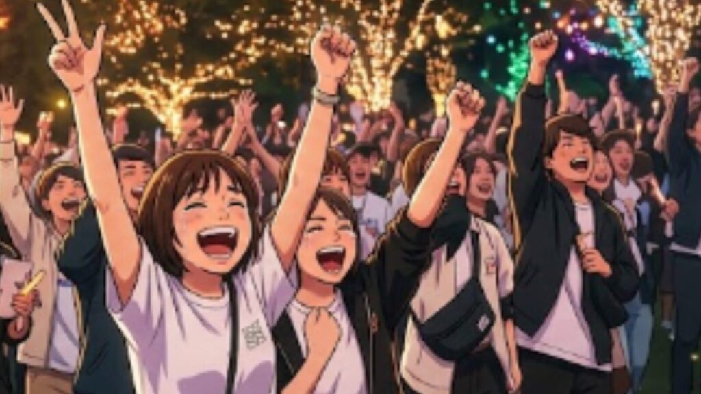 別府のSHONIN PARK（上人ヶ浜公園）で開催される1周年記念「夏フェス（Anniversary Fes）」の熱狂ライブと声援をおくる皆をイメージした画像