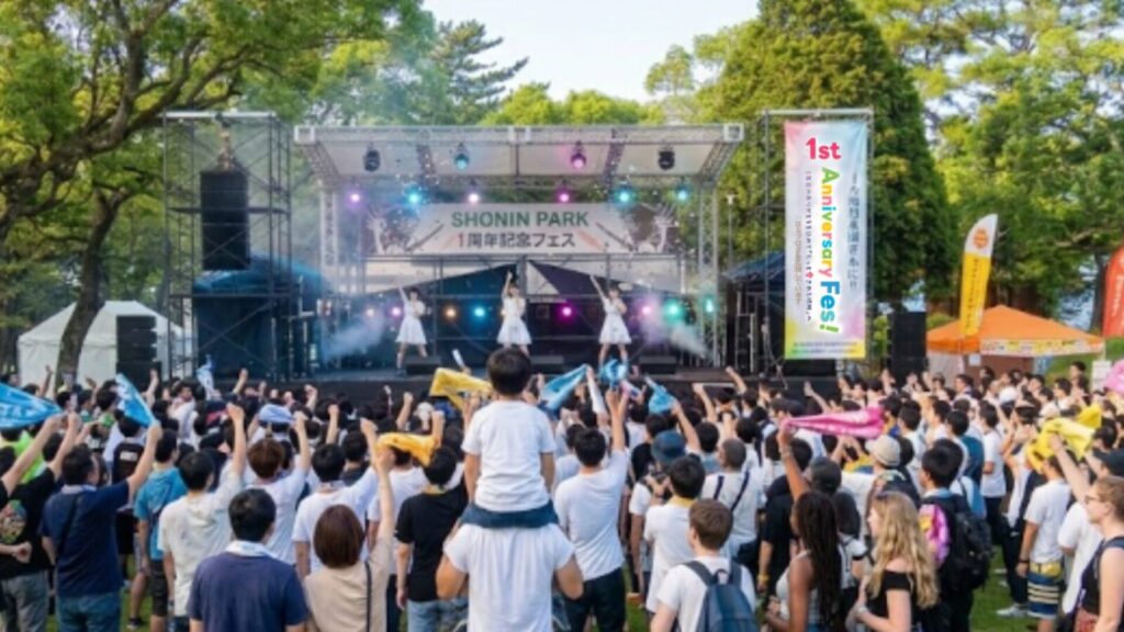 別府のSHONIN PARK（上人ヶ浜公園）で開催される1周年記念「夏フェス（Anniversary Fes）」の熱狂ライブと声援をおくる皆をイメージした画像