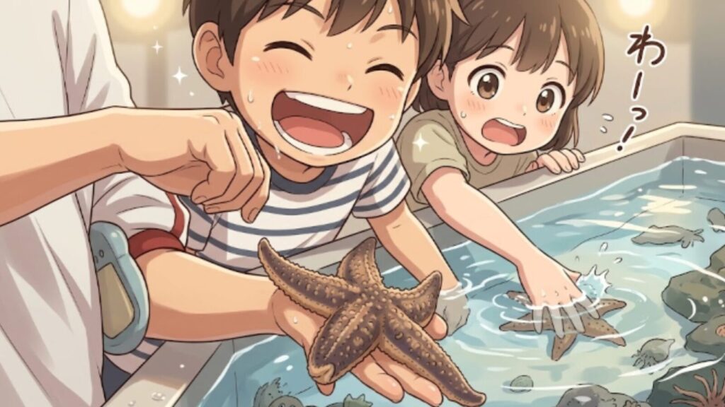 別府のSHONIN PARK（上人ヶ浜公園）で開催される夏フェス（Anniversary Fes）の水族館うみたまごのタッチプールイベントをイメージ。子供達がヒトデを手にとり、はしゃぐ様子のイラスト。