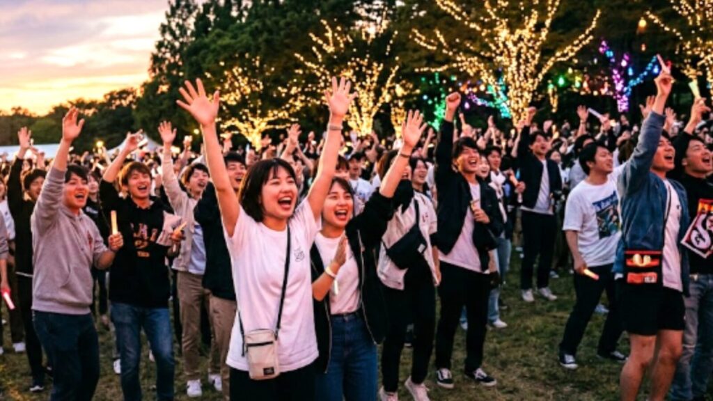 別府のSHONIN PARK（上人ヶ浜公園）で開催される1周年記念「夏フェス（Anniversary Fes）」の熱狂ライブと声援をおくる皆をイメージした画像
