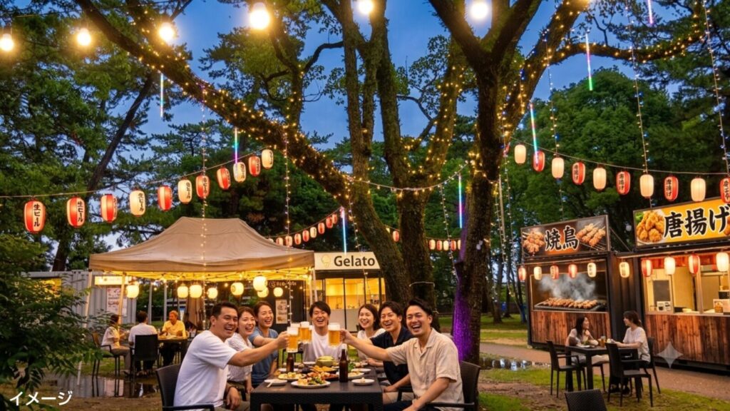 別府のSHONIN PARK（上人ヶ浜公園）で開催される1周年記念「夏フェス（Anniversary Fes）」のビアガーデン。カンパーイと皆でワイワイ楽しそうなイメージ