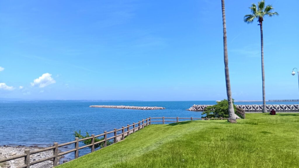 別府のSHONIN PARK（上人ヶ浜公園）グリルタッカのすぐ側の海辺。海と芝生とヤシの木が、まるで南国。