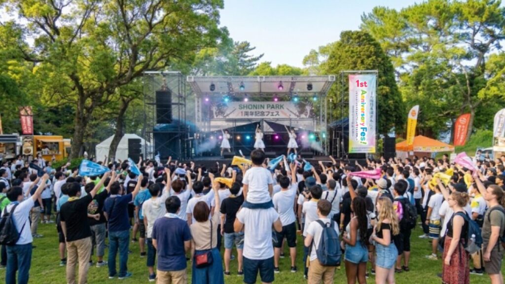 別府のSHONIN PARK（上人ヶ浜公園）で開催される1周年記念「夏フェス（Anniversary Fes）」の熱狂ライブと声援をおくる皆をイメージした画像