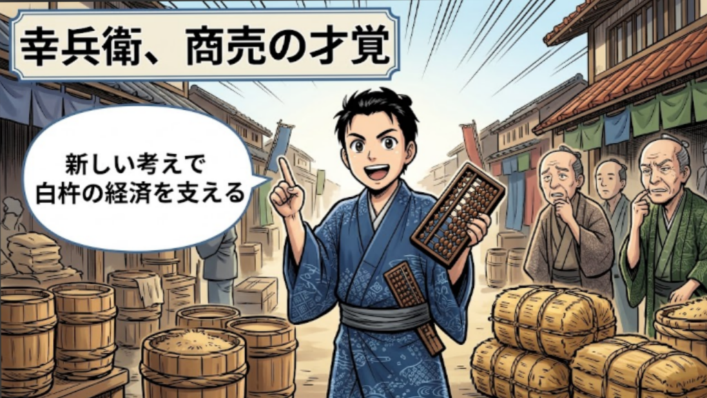 大塚幸兵衛物語。なぜ幸兵衛が福良天満宮に祀られているのか「日本むかしばなし」風のイラスト