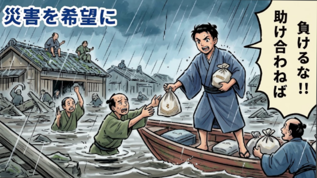 大塚幸兵衛物語。なぜ幸兵衛が福良天満宮に祀られているのか「日本むかしばなし」風のイラスト