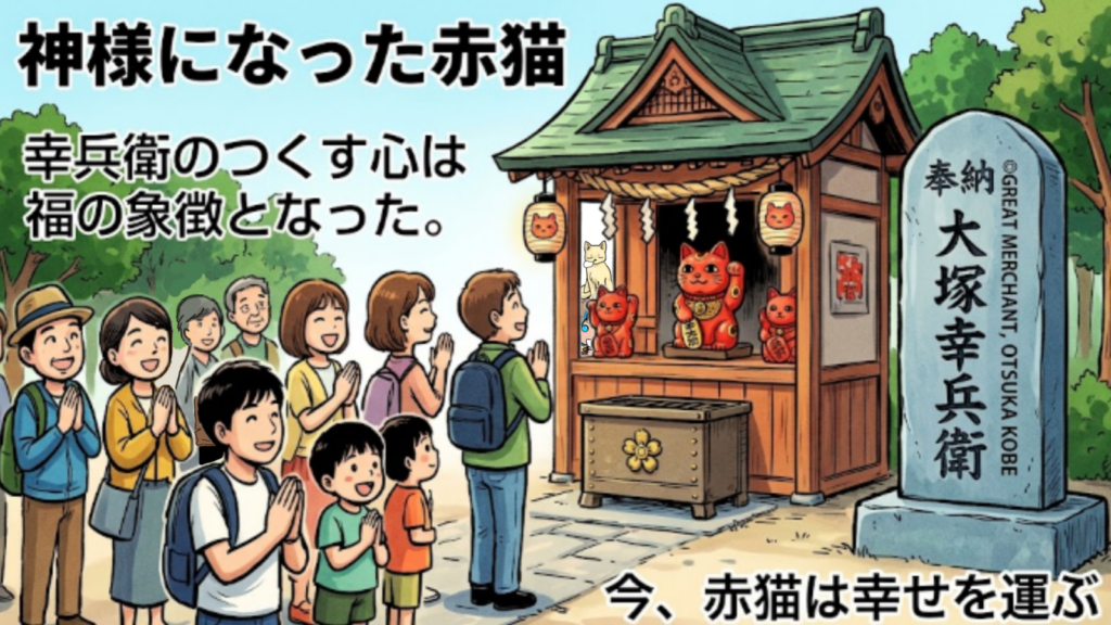 大塚幸兵衛物語。なぜ幸兵衛が福良天満宮に祀られているのか「日本むかしばなし」風のイラスト