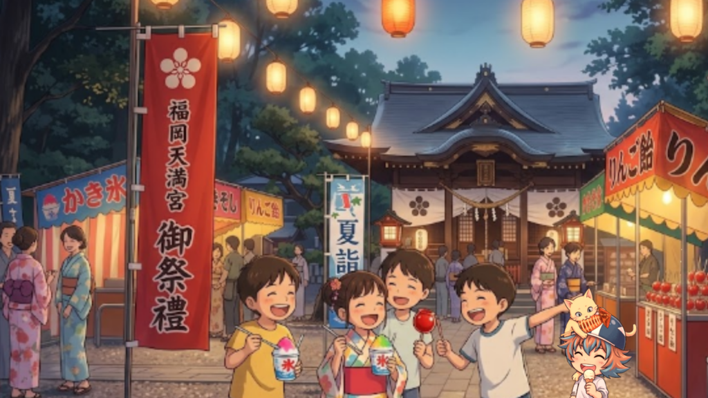 福良天満宮の夏まつり。出店が沢山並び、子供達がかき氷やりんご飴を手に楽しそうにしているイラスト。筆者はるも登場!!楽しそうにアイスを食べ、頭の上にいる、猫のシロはイカ焼きくわえている。